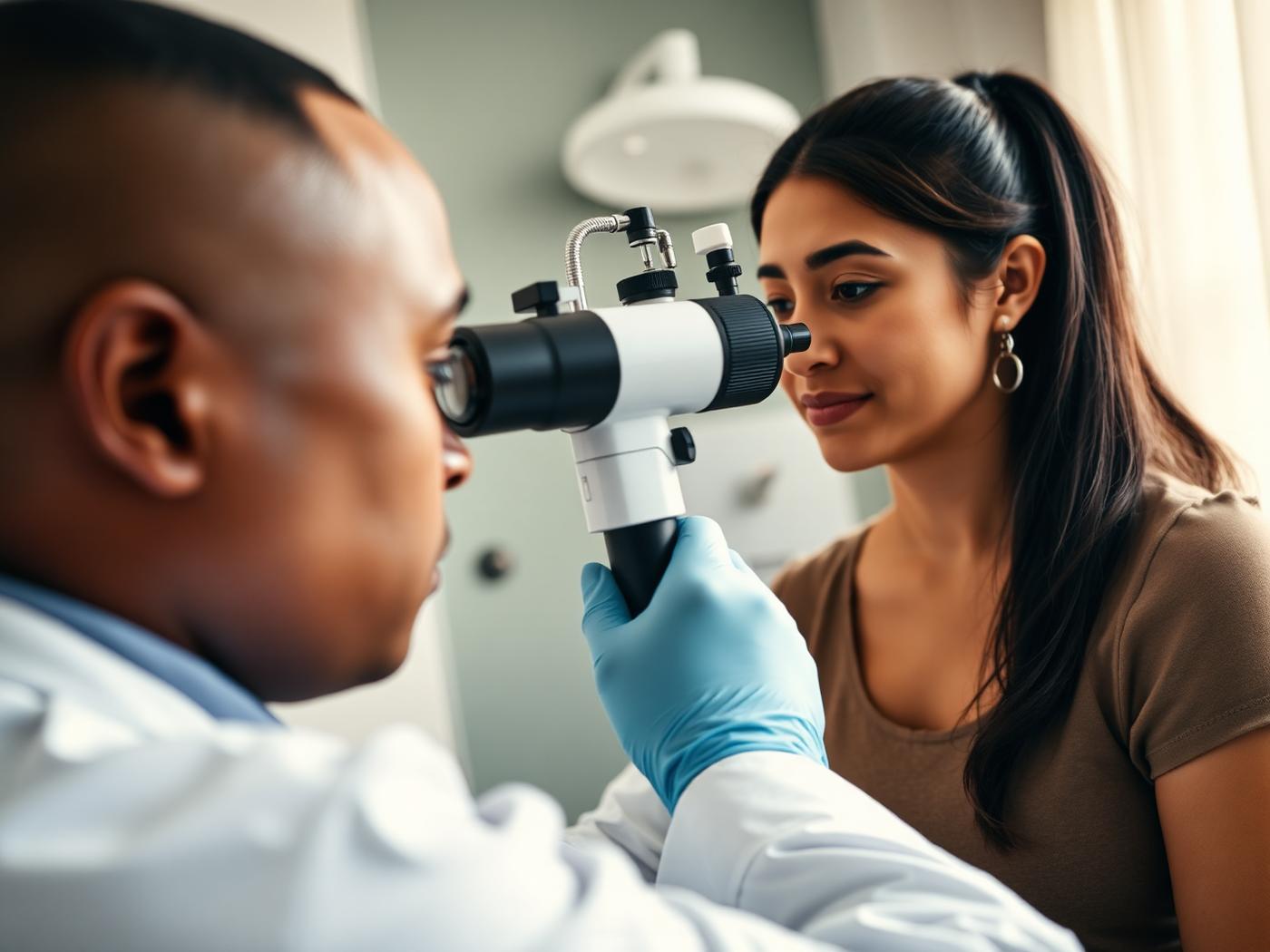 Dermatologist examining a patient's scalp with a magnification device