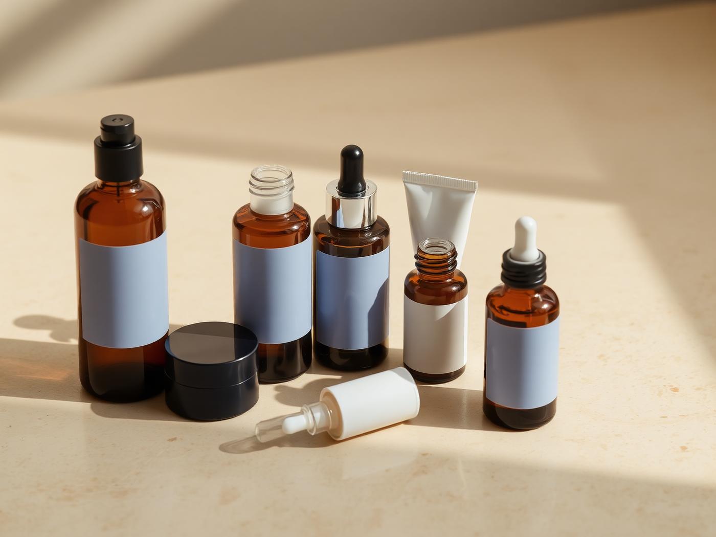 Unbranded prescription skincare bottles on a warm stone surface